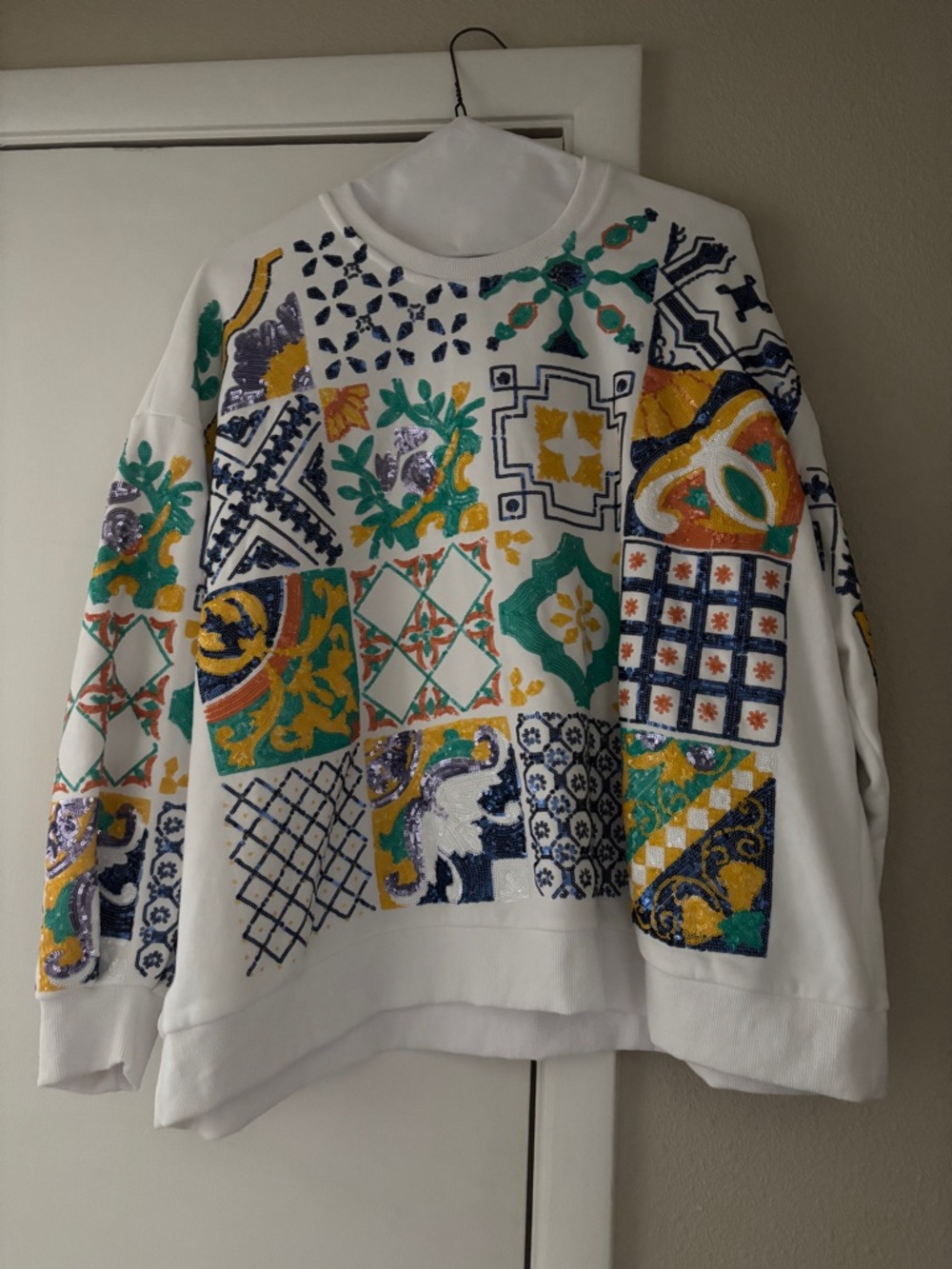 Queen of sparkles White Mosaic Patchwork Sequin Sweatshirt